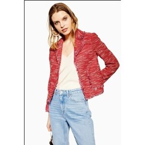 ELLE Fringed Tweed Cropped Blazer Jacket Pink White Career Wear Xl